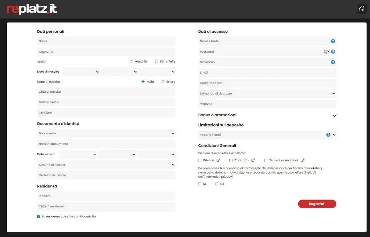 Pagina di registrazione Replatz casino